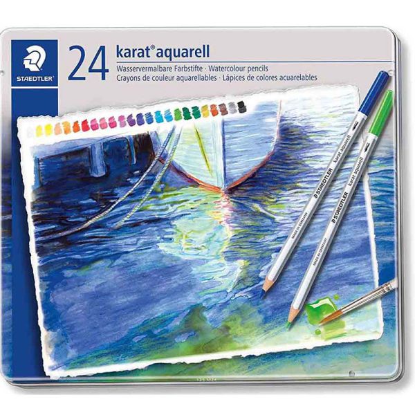 مداد رنگی آبرنگی 24 رنگ استدلر جعبه فلزی مدل Karat Aquarell کد 125M24
