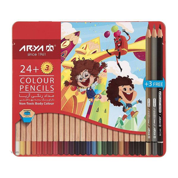 مداد رنگی آریا 3+24 رنگ جعبه فلزی مدل 3022