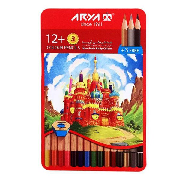 مداد رنگی آریا 3+12 رنگ جعبه فلزی مدل 3021