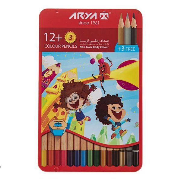 مداد رنگی آریا 3+12 رنگ جعبه فلزی مدل 3021