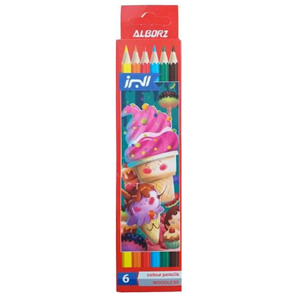 مداد رنگی 6 رنگ البرز جعبه مقوایی مدل WOODLESS